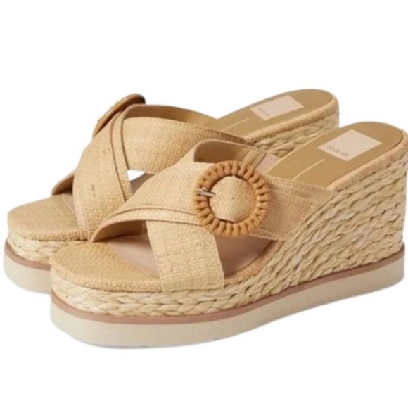 Dolce Vita Liesel Raffia Slip On Open Toe Platform Wedge Sandals